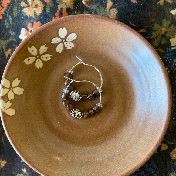 Handmade Dark Wood Beaded Hoop Earrings - Picture 2 of 8